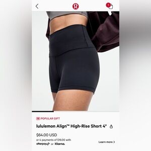 Lulu lemon align high rise short 4” size 6 - perfect condition